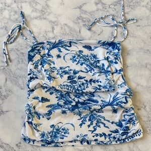 MAEVE ANTHROPOLOGIE Blue White Shirred Tie Shoulder Floral Dior Camisole Tank